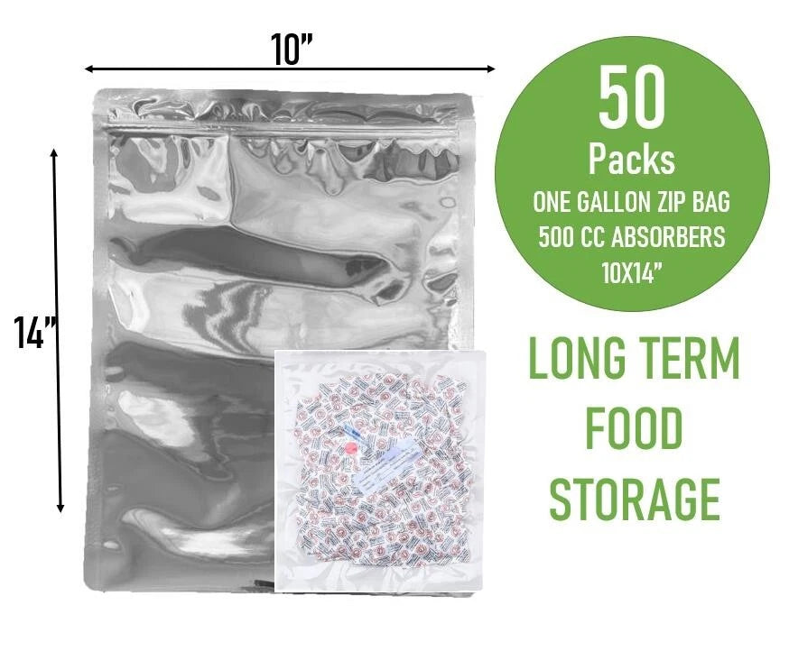 50 PCS 1 Gallon Mylar Food Storage Bags with Zip Lock & 500cc Oxygen Absorbers