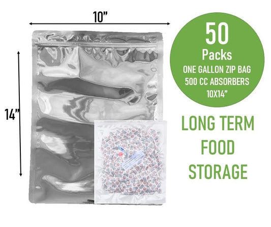 50 PCS 1 Gallon Mylar Food Storage Bags with Zip Lock & 500cc Oxygen Absorbers