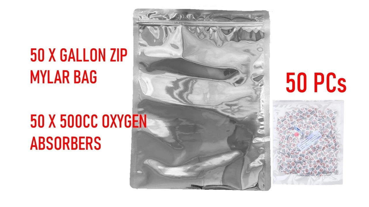 50 PCS 1 Gallon Mylar Food Storage Bags with Zip Lock & 500cc Oxygen Absorbers