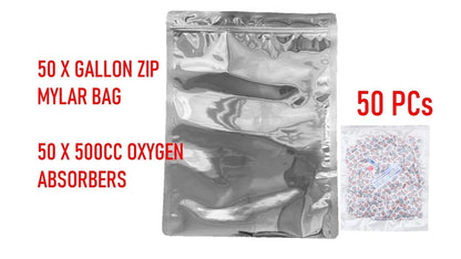 50 PCS 1 Gallon Mylar Food Storage Bags with Zip Lock & 500cc Oxygen Absorbers